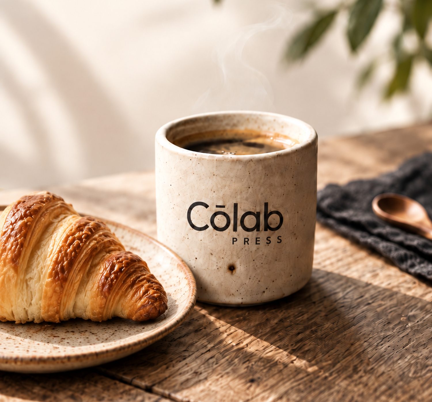 The Cōlab Press cup on the table, with a croissant on a plate beside it